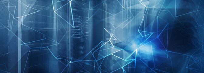 Cyber Network Abstract Digital Technology Background. People and blurred rows of server racks.