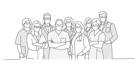 Group of doctors and nurses in medical face mask. Stop Coronavirus concept. Line drawing vector illustration.