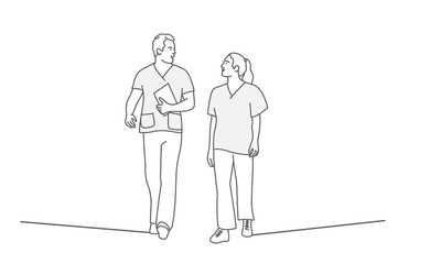 Medical staff go and talk. Line drawing vector illustration. 
