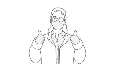 Doctor in protective mask showing thumb up. Doctor wearing surgical mask for corona virus. Line drawing vector illustration.