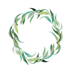 Watercolor illustration. Botanical wreath of green leaves. Suitable for invitation, wedding, logo