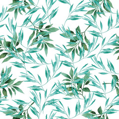 Naklejka na ściany i meble Watercolor seamless pattern of green leaves and twigs on a white background
