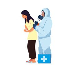 Doctor with protective suit checking man with dry couch vector design