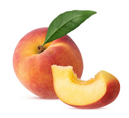 Ripe peach fruit with leaf and slice