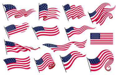 Collection waving flags of the United States of America. Illustration of wavy American Flags. National symbol, American flags on white background - vector illustration