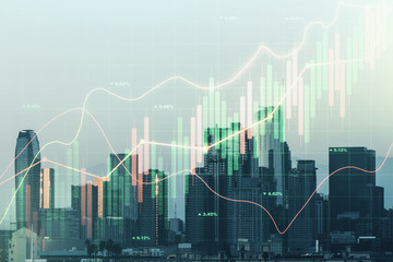 Naklejka premium Multi exposure of virtual abstract financial diagram on Los Angeles office buildings background, banking and accounting concept