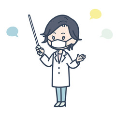 指示棒を持って話す女性医師　マスク　ポーズ　イラスト