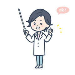 指示棒を持ってOKサインをする女性医師　ポーズ　イラスト