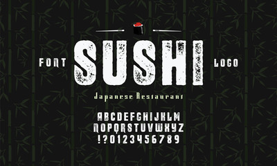 Vector handwritten display font. Japanese style Typeface. Retro ABC. Hand Made Asian Alphabet. English letters and numbers.Logo of Bar or Shop Sushi. Vector Illustration.