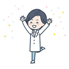 バンザイして喜ぶ女性医師　ポーズ　イラスト