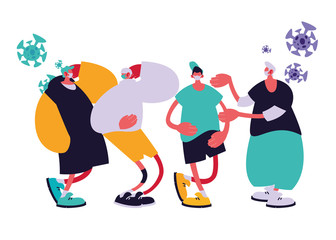 Urban men cartoons with masks and covid 19 virus vector design