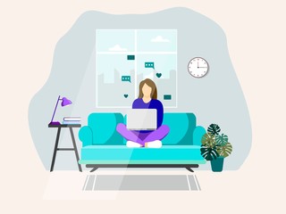 Home office concept. The woman who works on the couch. Freelancer. Flat illustratio
