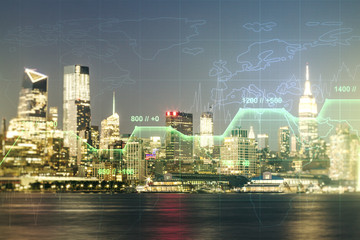 Fototapeta premium Multi exposure of stats data illustration on New York city skyline background, computing and analytics concept
