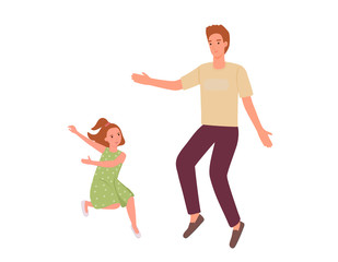 Dad and daughter jumping and dancing. The father and the little girl in the dress are smiling, having a good time together. Parent with child in cartoon style isolated on white background,flat vector.