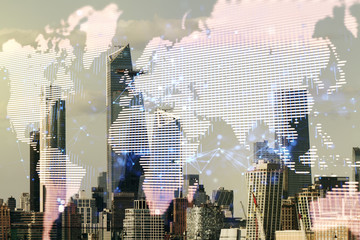 Fototapeta na wymiar Double exposure of abstract digital world map hologram on New York city office buildings background, big data and blockchain concept