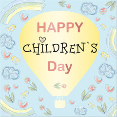 Greeting card with the international children's day. Cute postcard with watercolor illustrations of flowers, hearts, rainbows and balloons. Poster for children's day, knowledge day, or kindergarten