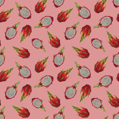Seamless pattern with dragon fruits, pitaya on pink background. Hand drawn gouache illustration in watercolor style for romantic cover, tropical wallpaper, restaurant menu, packaging, textile