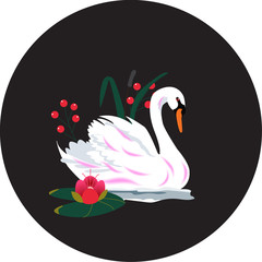 Vector illustration of a Swan on a black background. Floating elegant Swan bird, a beautiful wildlife sketch. Royal Swan ink-based illustration, hand-drawn animals.