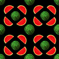 Seamless watermelons pattern on black background. Background with gouache watermelon slices. Fresh fruits seasonal background flat style