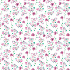 Watercolor seamless pattern with pink flowers on white. Abstract pattern for fabric, wallpaper and other prints.