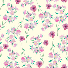 Watercolor seamless pattern with pink flowers on soft yellow. Abstract pattern for fabric, wallpaper and other prints.