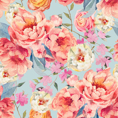 Watercolor seamless pattern with pink peonies, roses, leaves on blue. Abstract pattern for fabric, wallpaper and other prints.