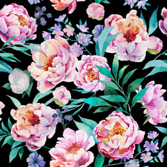 Watercolor seamless pattern with pink peony flowers, leaves, berries, purple flowers. Dark background