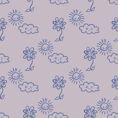 Cute flowers, clouds, and suns seamless vector pattern. Childish doodle surface print design. For fabrics, stationery, and packaging.