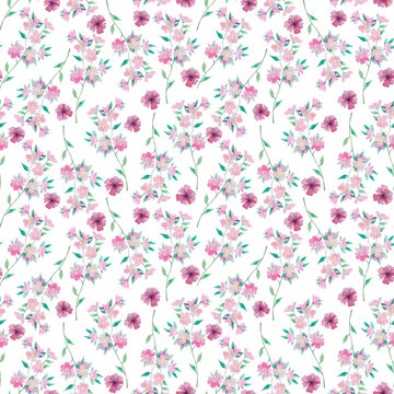 Watercolor seamless pattern with pink flowers on white. Abstract pattern for fabric, wallpaper and other prints. © Marina