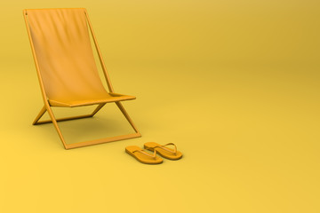 3D rendering of summer concept. Yellow chaise lounge and flip flops on yellow background, Sunlight, travel. No vacation this summer. Border closure, travel restrictions. Copy space