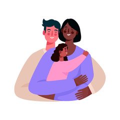 Happy multiracial family. Father, african american mother and daughter together. Good parenting. Care, trust and support between parents and children.Vector illustration in flat cartoon style.