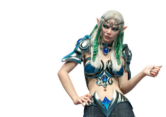 lady elf is looking to the left with copy space in white background