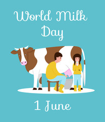Happy world milk day. Farmer milking a cow. Little child girl drinking milk from a glass. Flat vector cartoon illustration isolated white background. Greeting card, poster.