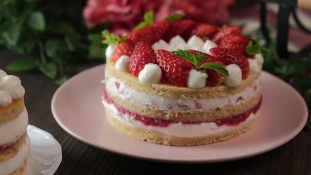 Strawberry shortcake. homemade bakery cake with fruits. fresh desserts.