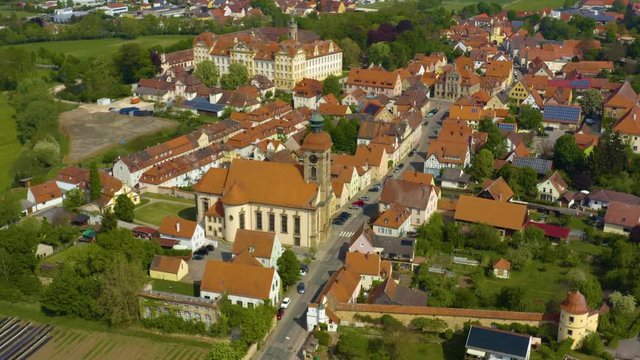   Aerial view of the city Ellingen in Germany, Bavaria on a sunny spring day during the coronavirus lockdown.