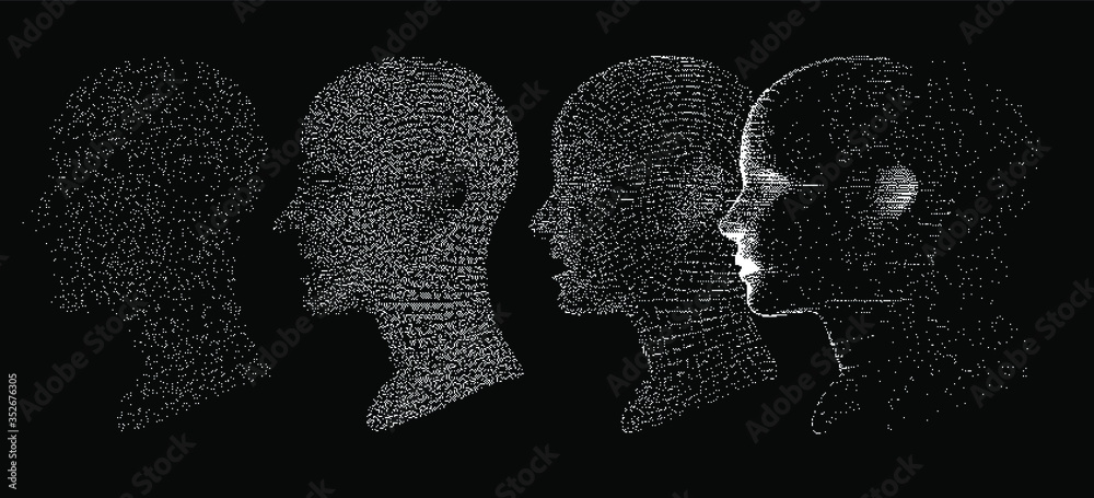 Aufkleber Artificial intelligence and Machine Learning concept. Human head with glitched pixels, distorted profile of a woman made of square particles.