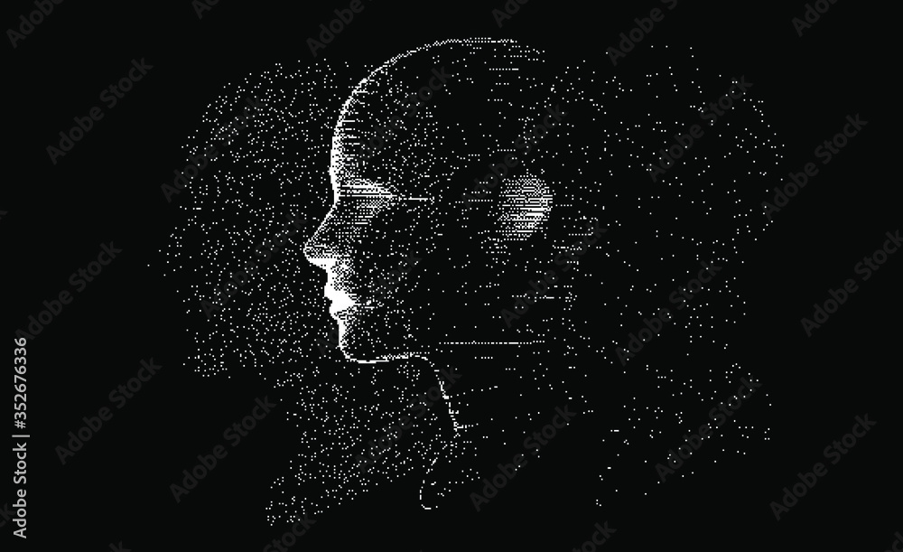 Aufkleber Artificial intelligence and Machine Learning concept. Human head with glitched pixels, distorted profile of a woman made of square particles.