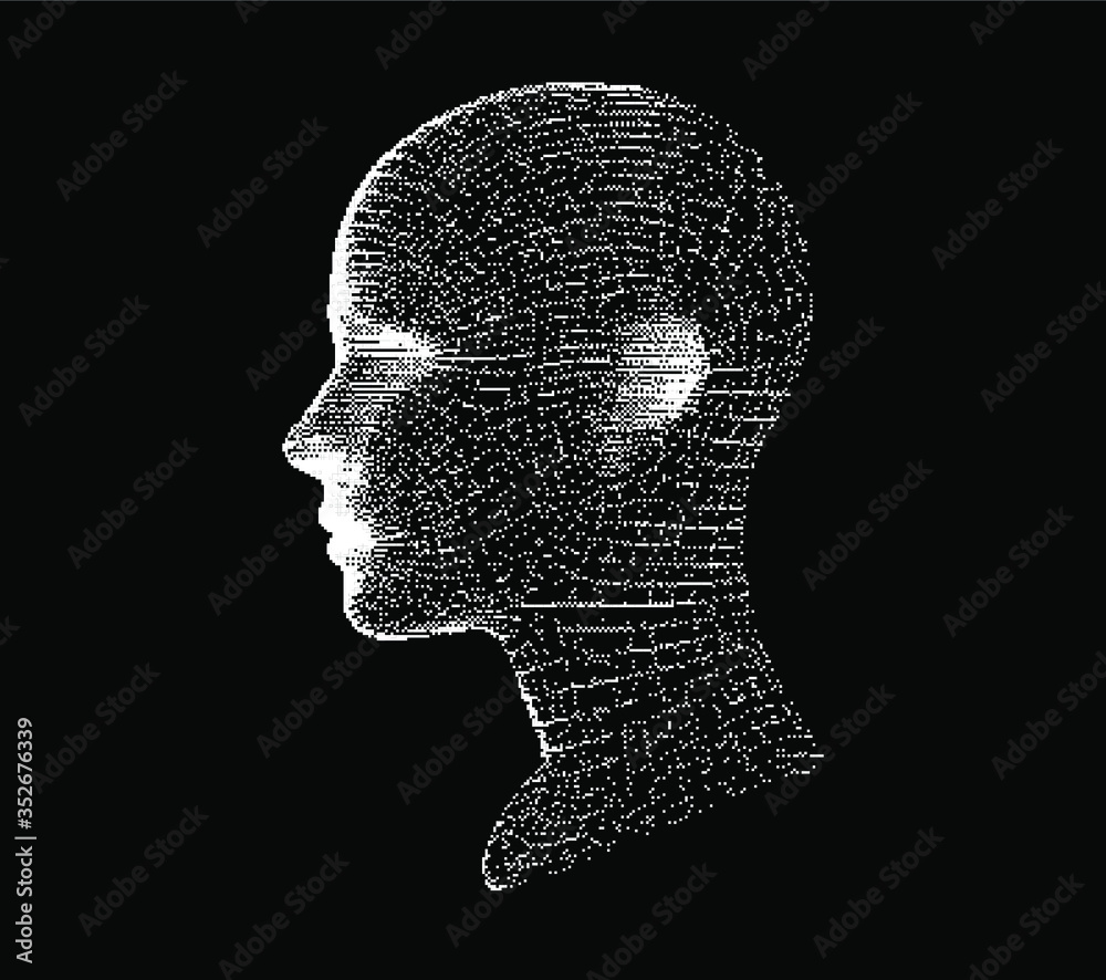 Aufkleber Artificial intelligence and Machine Learning concept. Human head with glitched pixels, distorted profile of a woman made of square particles.