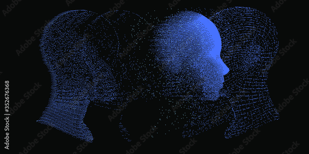 Aufkleber Artificial intelligence and Machine Learning concept. Human head with glitched pixels, distorted profile of a woman made of square particles.