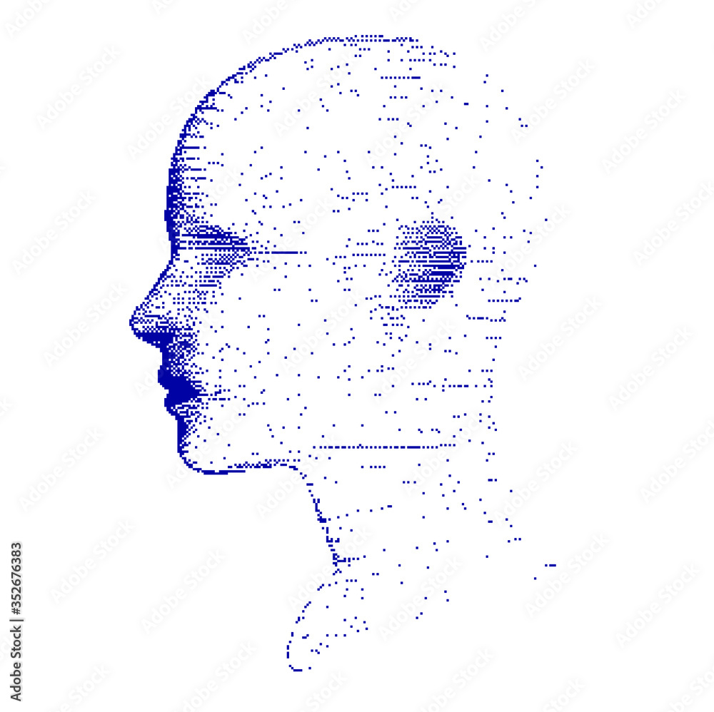 Poster Artificial intelligence concept. Human head with glitched pixels, distorted profile of woman made of square particles.