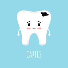 Cute sad emoticon tooth with dental caries.