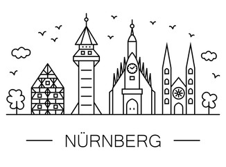 Nuremberg Cityscape Line Art: famous bildings, city symbols.  Black and white drawing with straight lines. Half-timbered house, Church of Our Lady, Sinwell tower (Imperial Castle), St. Sebaldus Church