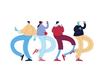 People cartoons with casual cloth and smartphones chatting vector design