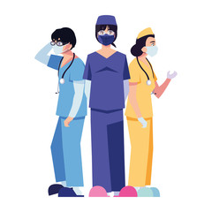 female and male doctors with uniforms and masks vector design