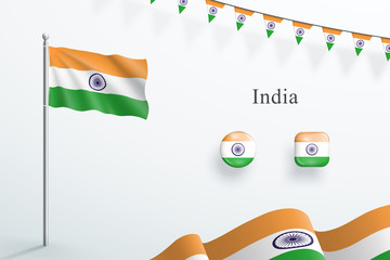 India Flag 3d Elements Waving Flagpole Bunting Buttons