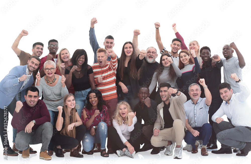 Wall mural cheerful diversity group of people with hands raised