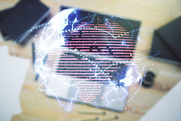 Double exposure of abstract digital world map with connections on computer background, big data and blockchain concept