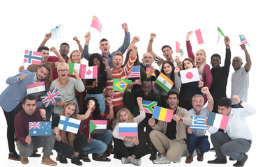 multinational group of people with their national flags.
