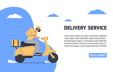 Coronavirus, quarantine delivery concept. Courier in medical mask on a motorcycle. Express delivery. Vector illustration