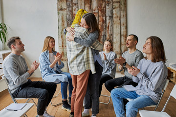 happy anonymous alcoholics team celebrate their recovery, fight with common problem, alcoholics addicts hug each other isolated - obrazy, fototapety, plakaty